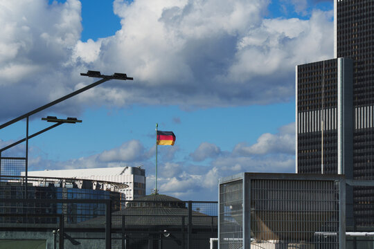 beautiful landscape - frankfurt am main in the summer. View toward the hall with a large German flag.
