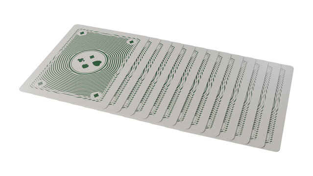 A detailed 3D render of a fanned deck of playing cards featuring green patterns and symbols on a white background.