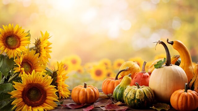 Sunflowers pumpkins gourds autumn harvest display on rustic wooden surface with blurred golden background
