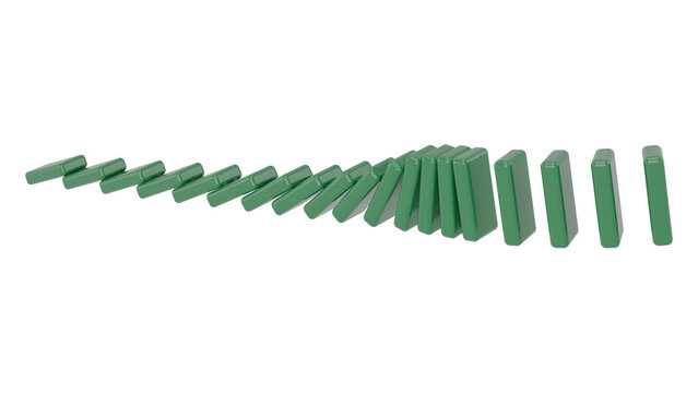 3D render of green dominoes arranged in a cascading pattern, demonstrating motion and sequential fall.