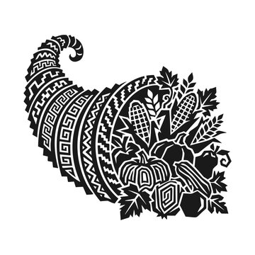 Black and white cornucopia filled with harvest fruits and vegetables vector illustration