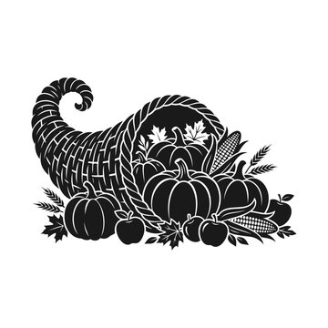 Thanksgiving cornucopia overflowing with pumpkins, gourds, apples, and harvest produce
