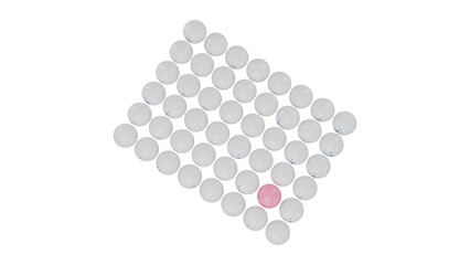 A unique arrangement of white spheres with one distinctive pink sphere at the center, creating a striking contrast in design. © Anh