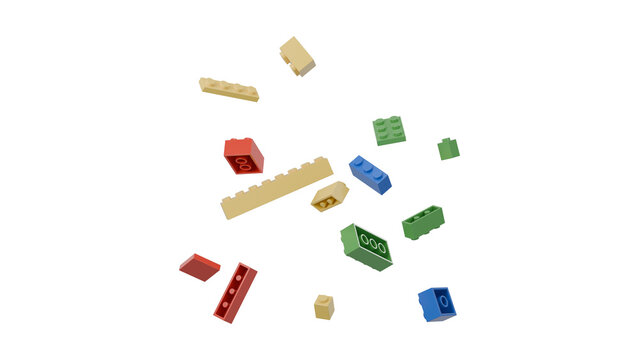 Colorful scattered building blocks in various shapes and sizes, ideal for play and creativity.