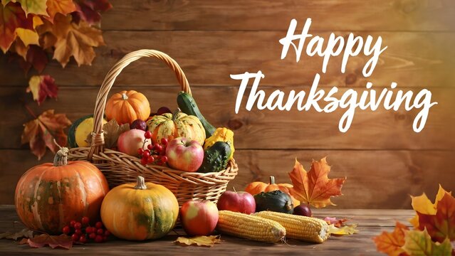 Happy Thanksgiving text with autumn harvest basket of pumpkins gourds apples corn ears and leaves on rustic wooden background
