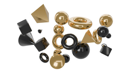 A dynamic arrangement of glossy black and gold geometric shapes, including spheres, cubes, and cones, creating a visually striking 3D render. © Anh