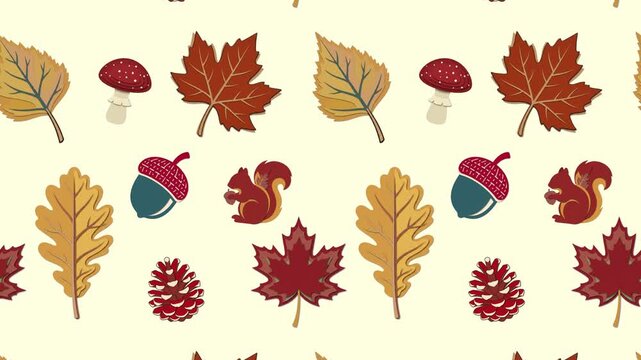 Seamless scrolling background animation of autumn leaves squirrel and pinecone