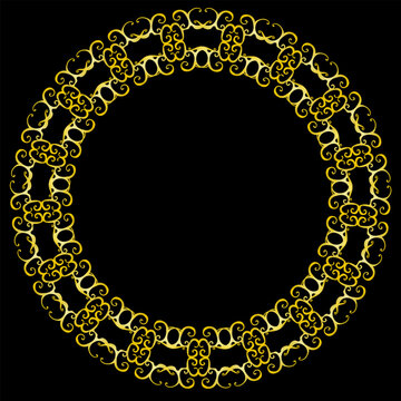 Intricate Gold Filigree Double Circle Frame on Black Background
