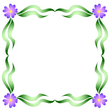 Green Wavy Border with Purple Flowers in Four Corners, Decorative Botanical Frame on White
