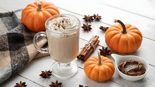 Pumpkin spice latte with whipped cream topped glass surrounded by mini pumpkins cinnamon sticks star anise on rustic plaid cloth autumn harvest