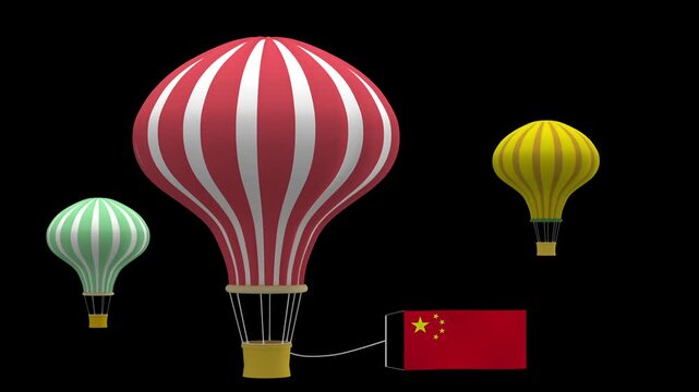 Three striped hot air balloons with one connected to a chinese flag on a black background.