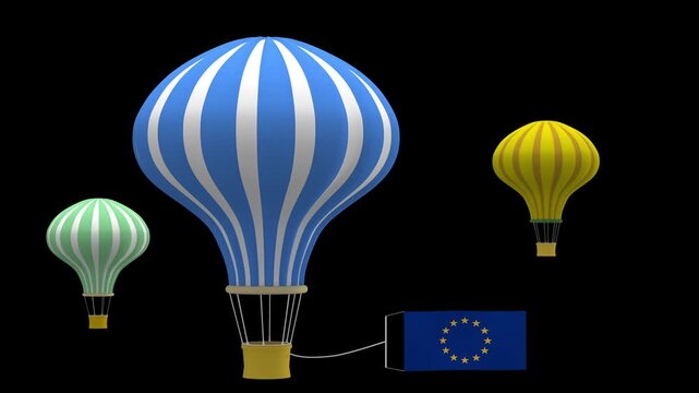Three colorful hot air balloons with one connected to a european union flag on a black background.