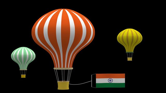 Three striped hot air balloons with an indian flag against a black backdrop