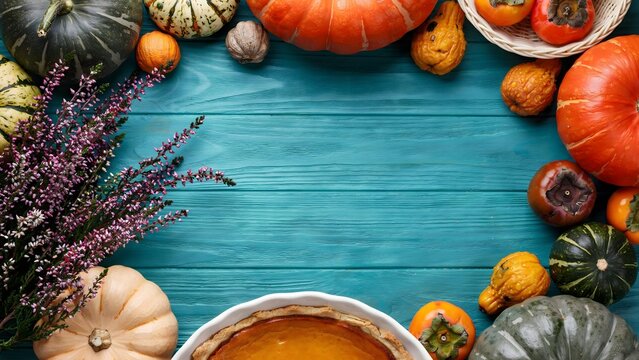 Assorted pumpkins gourds autumn harvest basket greenery on rustic blue wooden background