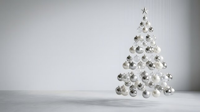 Minimalist christmas tree made of shiny silver baubles on a grey background