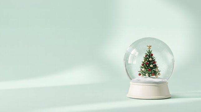 A beautiful snow globe featuring a decorated christmas tree on light background