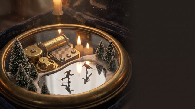 Vintage brass music box with miniature Christmas scene, golden gears and candlelight reflections on dark velvet