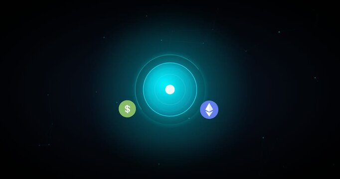 Futuristic digital cryptocurrency exchange concept with dollar coin and crypto symbol orbiting a glowing energy core on dark background