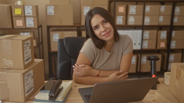 Woman hugs arms at laptop desk surrounded by parcel boxes and barcode scanner in a building; small business pride contentment.
