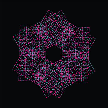 Intricate hexagonal mandala pattern with pink and blue neon dotted lines background