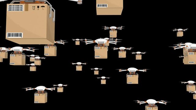 Numerous delivery drones carrying cardboard packages fly across a black background, representing future logistics and e-commerce.