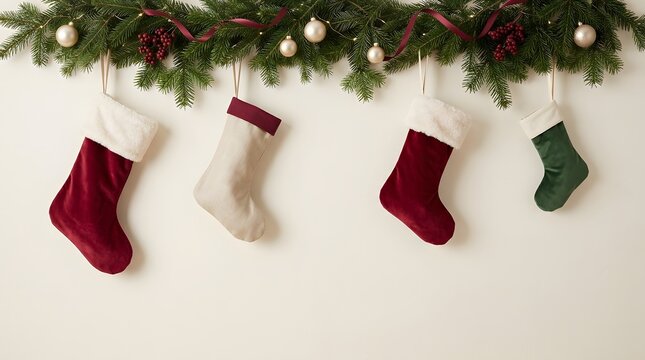 Festive christmas stockings hung with care awaiting holiday gifts and cheer