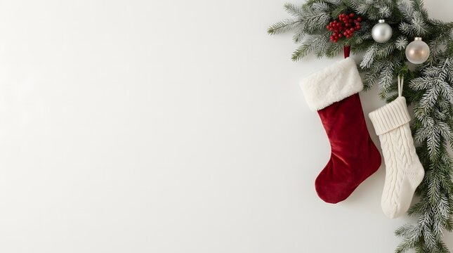Festive red christmas stocking hanging with evergreen garland and holiday decorations