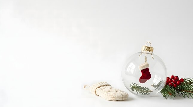 Festive christmas scene featuring a red stocking and holiday decorations on white