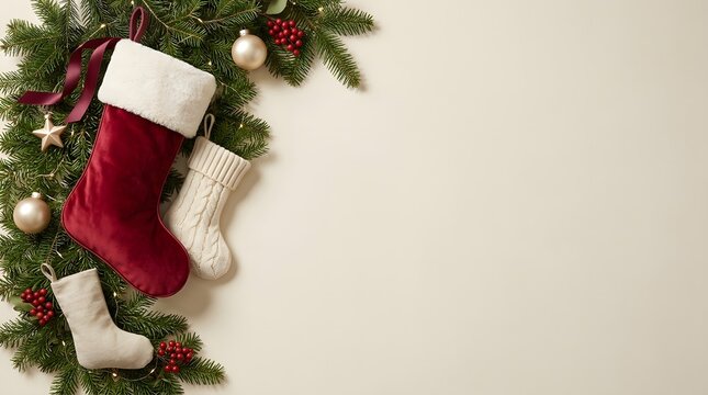 Festive holiday scene featuring traditional red and white christmas stockings with evergreen decor