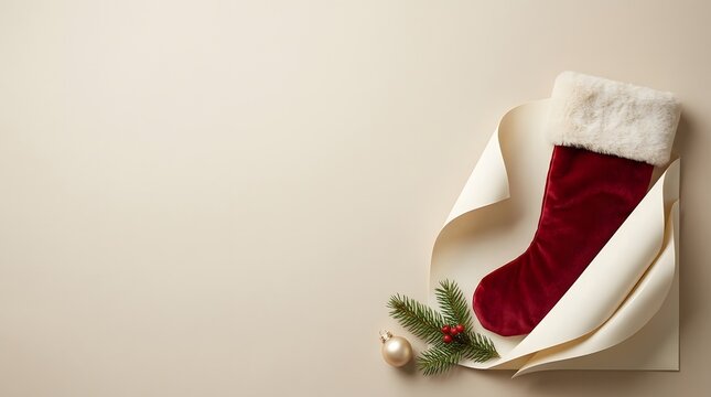 A festive red velvet christmas stocking with white fur trim and holiday greens
