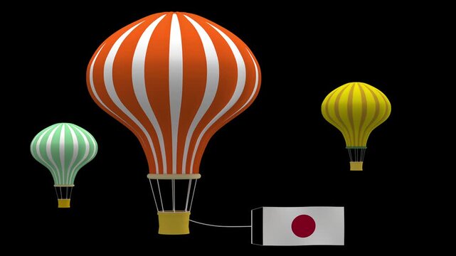 Colorful hot air balloons with a japanese flag floating against a solid black background