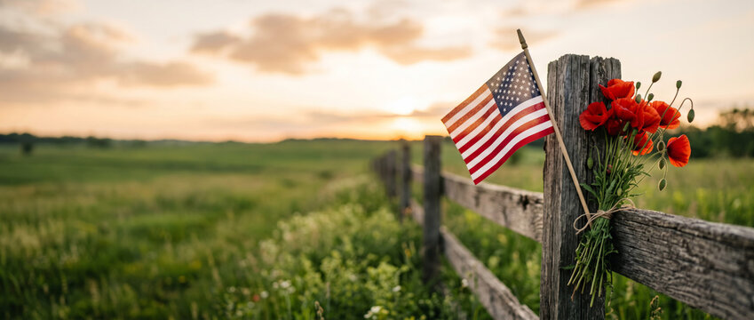 American flag and red poppies on a rustic wooden fence at sunset in a grassy field