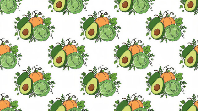 A seamless pattern of grouped vegetables, featuring halved avocados, pumpkin, cabbage, and leaves.