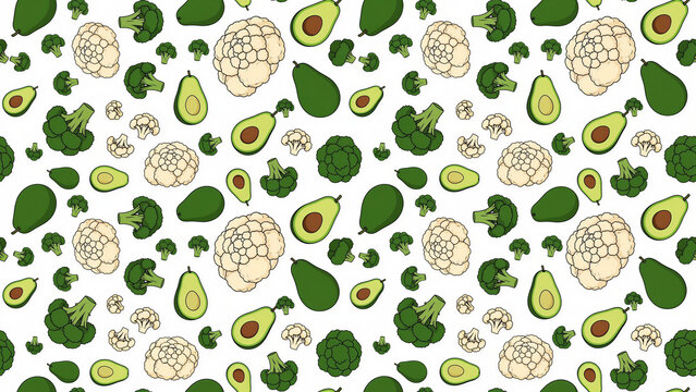 Seamless pattern of various vegetables, such as broccoli, cauliflower, and avocado