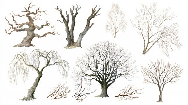 Watercolor study of leafless trees and bare branches in a winter landscape