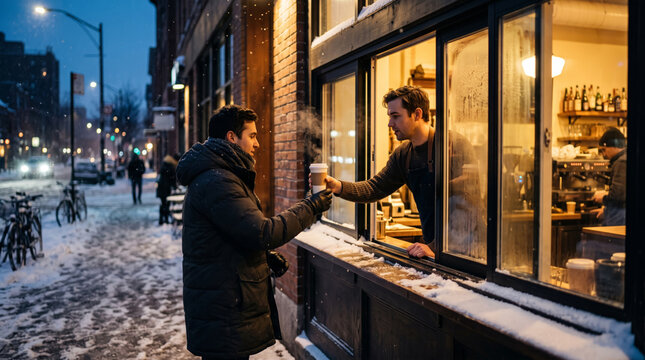 Barista hands coffee cup to customer on snowy city street at dusk