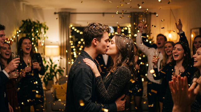Young couple shares a passionate kiss amidst falling confetti and joyful friends celebrating indoors