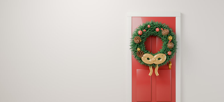 3D render of red door with Christmas wreath decoration on white wall background, holiday home decor concept