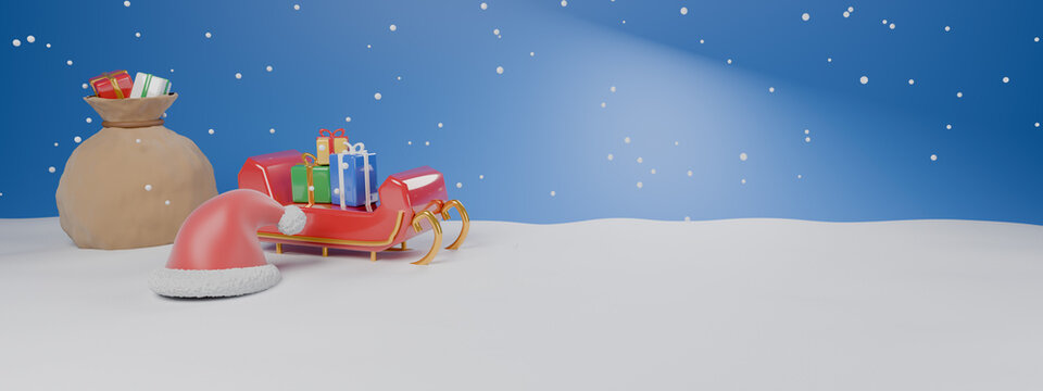 3D render of Santa Claus sleigh with gift bag and presents on snowy winter landscape, Christmas holiday concept
