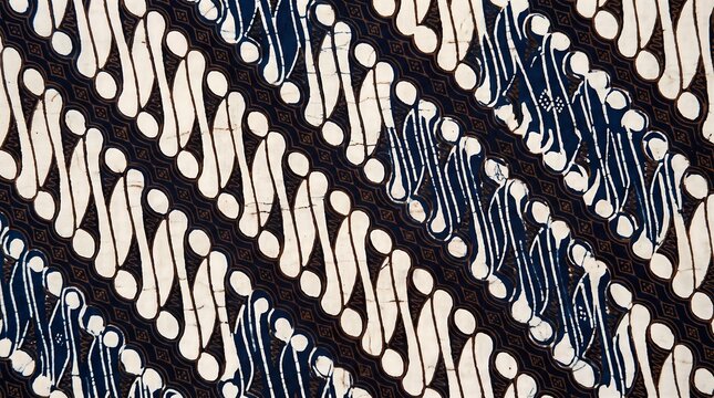 Traditional Indonesian batik fabric with intricate diagonal parang motif in brown and indigo, close-up texture, generative AI