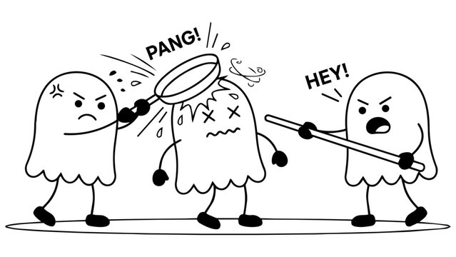 Funny Ghost Cartoon Vector Illustration, Cute Spooky Halloween Characters Fight, Comic Doodle Ghost Mascot isolated PNG with Transparent Background