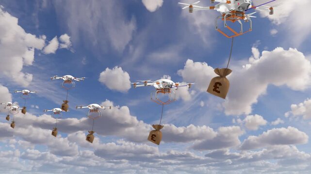 Unmanned aerial vehicles carrying money bags with british pound symbols flying across a cloudy sky