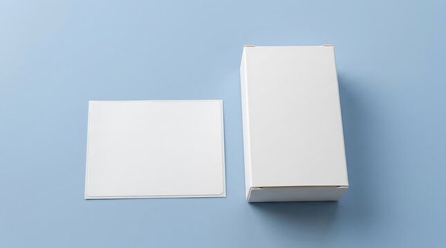 Blank white paper card and rectangular product box mockup on light blue background surface