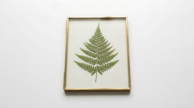 Pressed green fern leaf specimen displayed inside minimalist golden metal frame on white wall