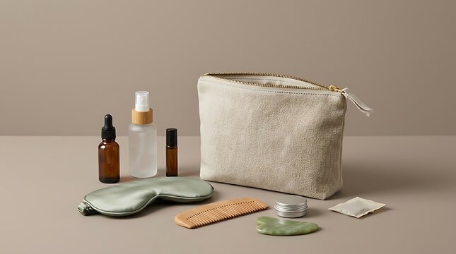 Cosmetic pouch with organic skincare products and beauty tools arranged neatly on neutral surface