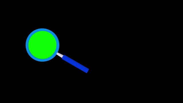 A 3d rendered magnifying glass with a green screen lens moves across a black background
