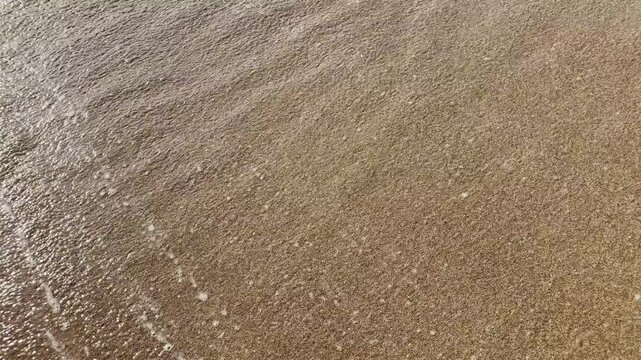 Foaming ocean waves crash onto wet golden sand shore Sunlight illuminates bubbling sea water washing over coastal beach
