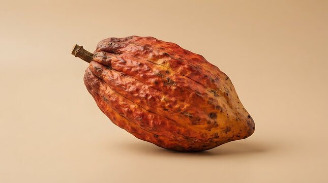 Ripe organic cocoa pod resting isolated against a soft beige studio background surface