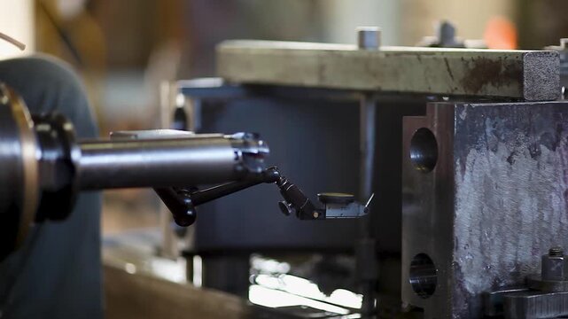 Close up of a dial test indicator checking precision and alignment of a heavy metal workpiece on an industrial machine tool.