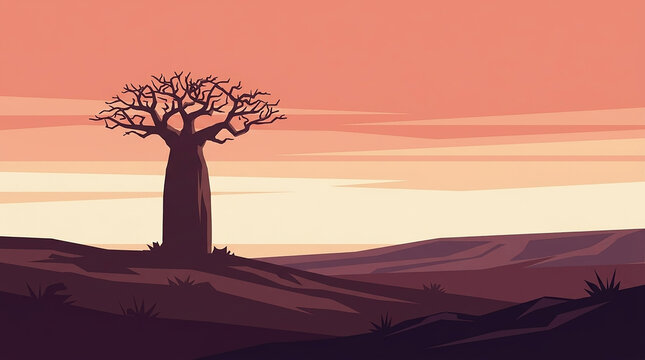 Silhouette of Baobab Tree in Desert Landscape at Sunset